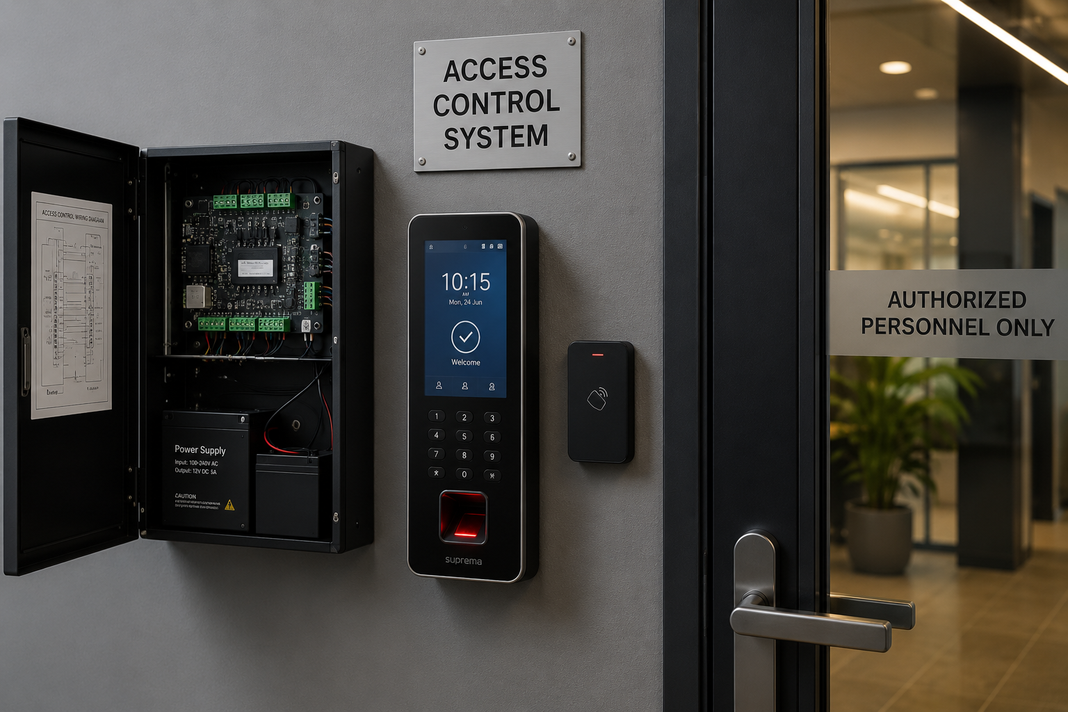 Open access control panel with wiring, battery backup power supply, and a door controller touchscreen